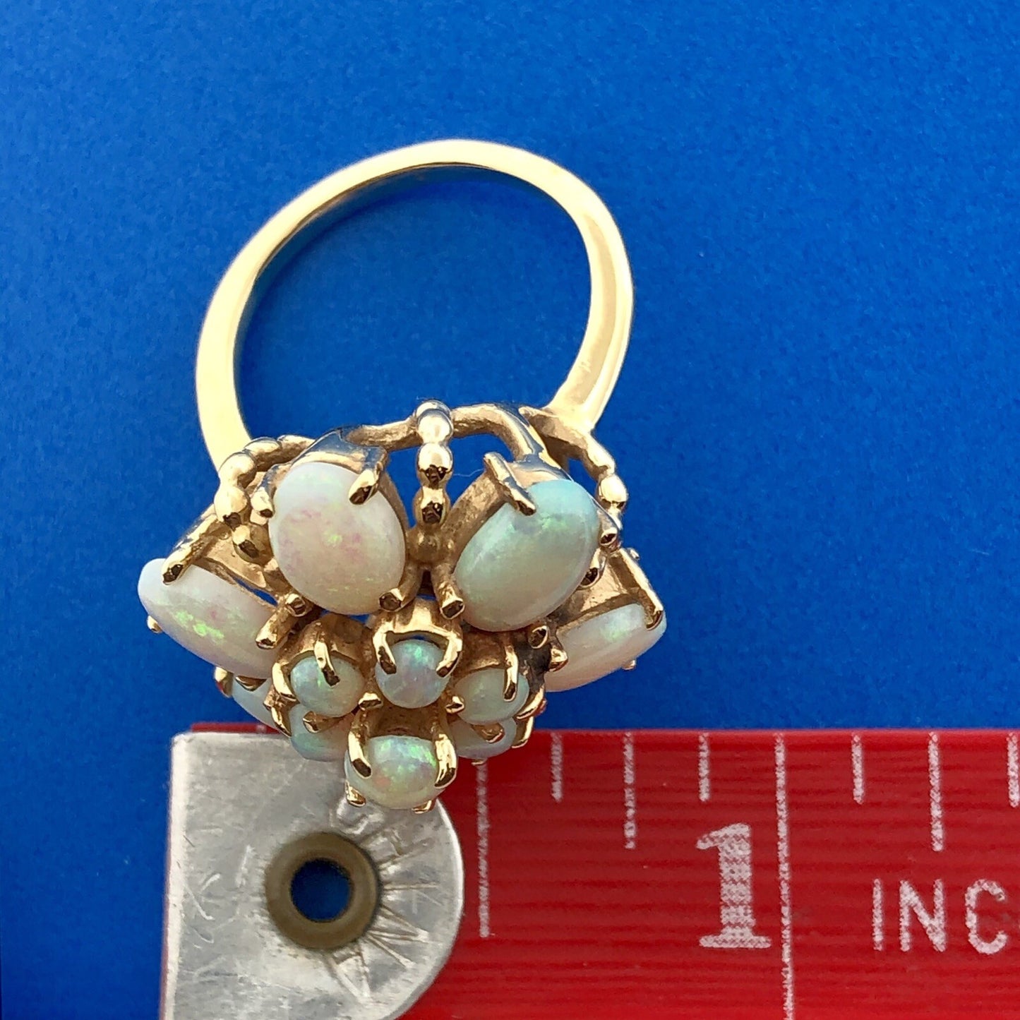 Stunning Vintage 14K Yellow Gold Opal Flower Cluster October Cocktail Ring