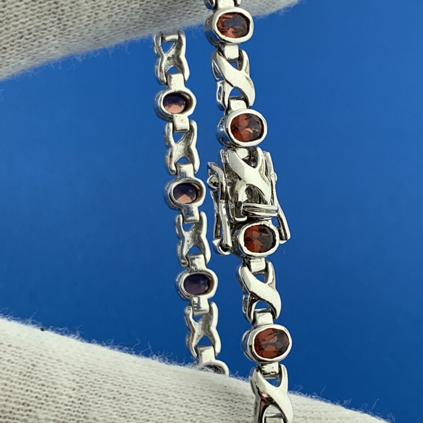 Vintage 925 Sterling Silver Oval Garnet X O January Anniversary Tennis Bracelet