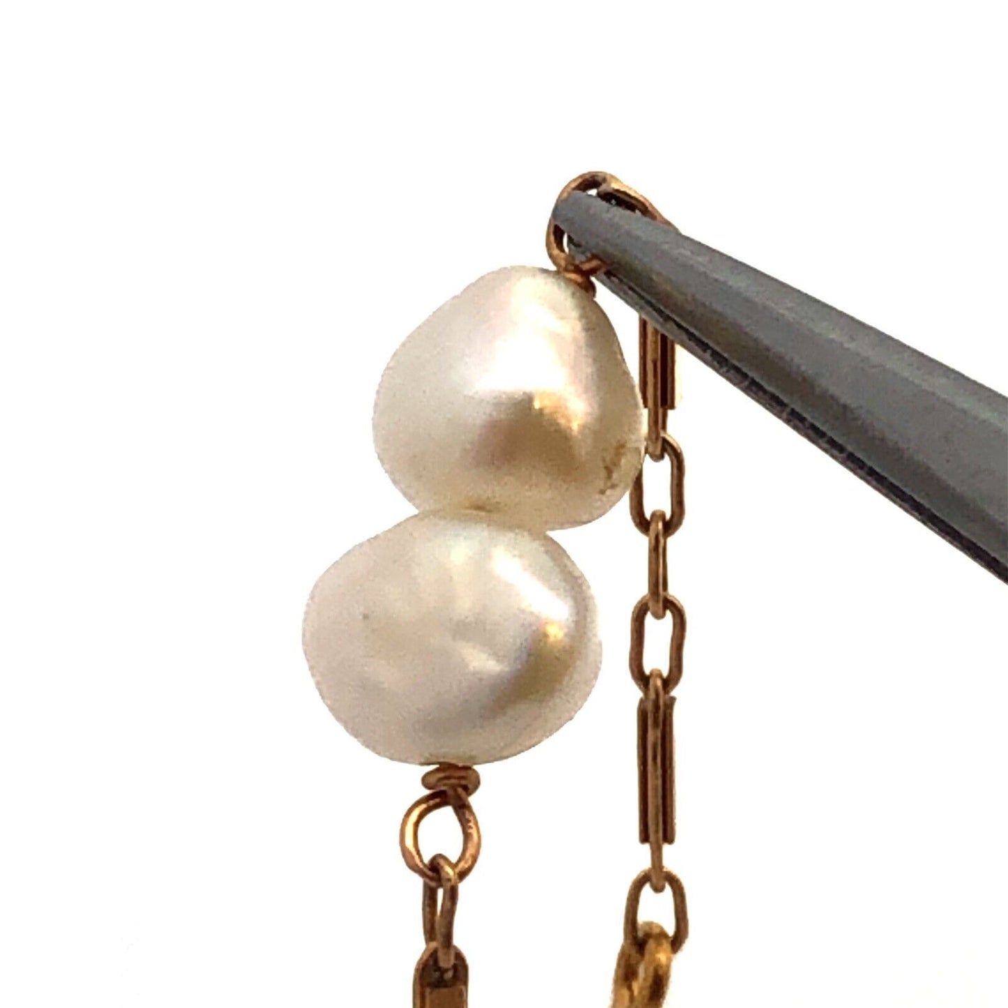 Estate 14K Yellow Gold White Pearl Beaded Station Bar Link Chain Bracelet