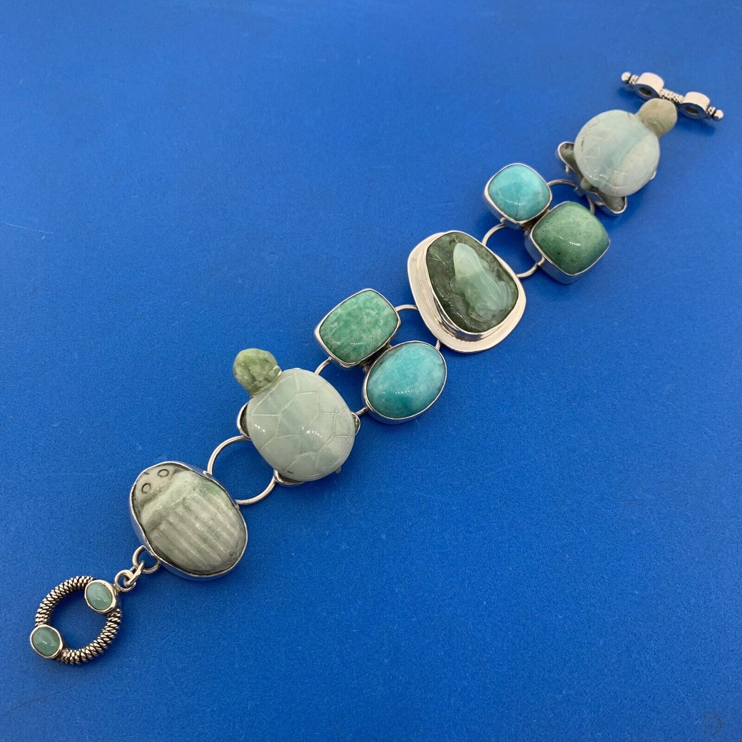 Amy Kahn Russell 925 Sterling Silver Mixed Carved Gemstone Statement Bracelet