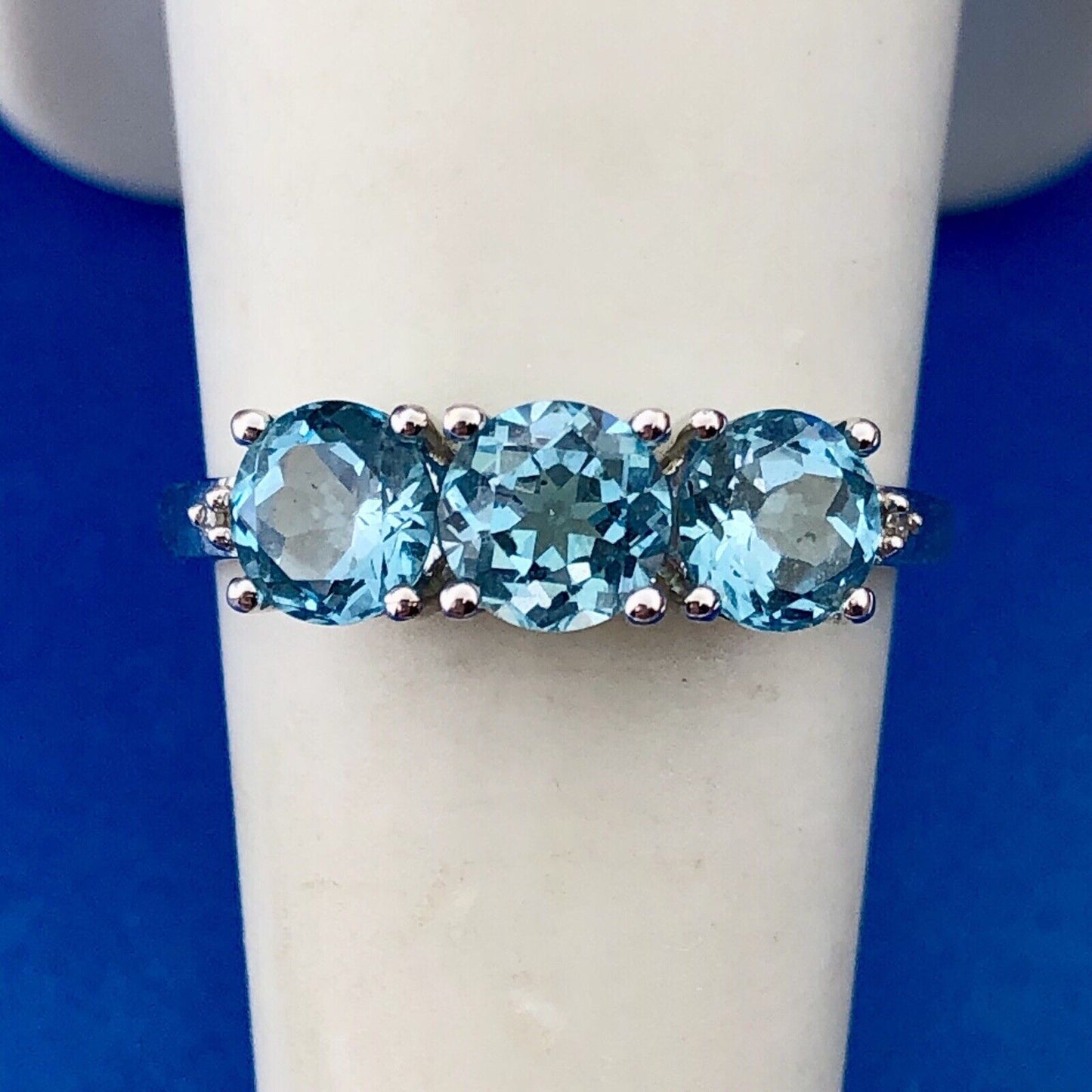 Designer 10K White Gold Blue Topaz Diamond Engagement Birthstone Cocktail Ring