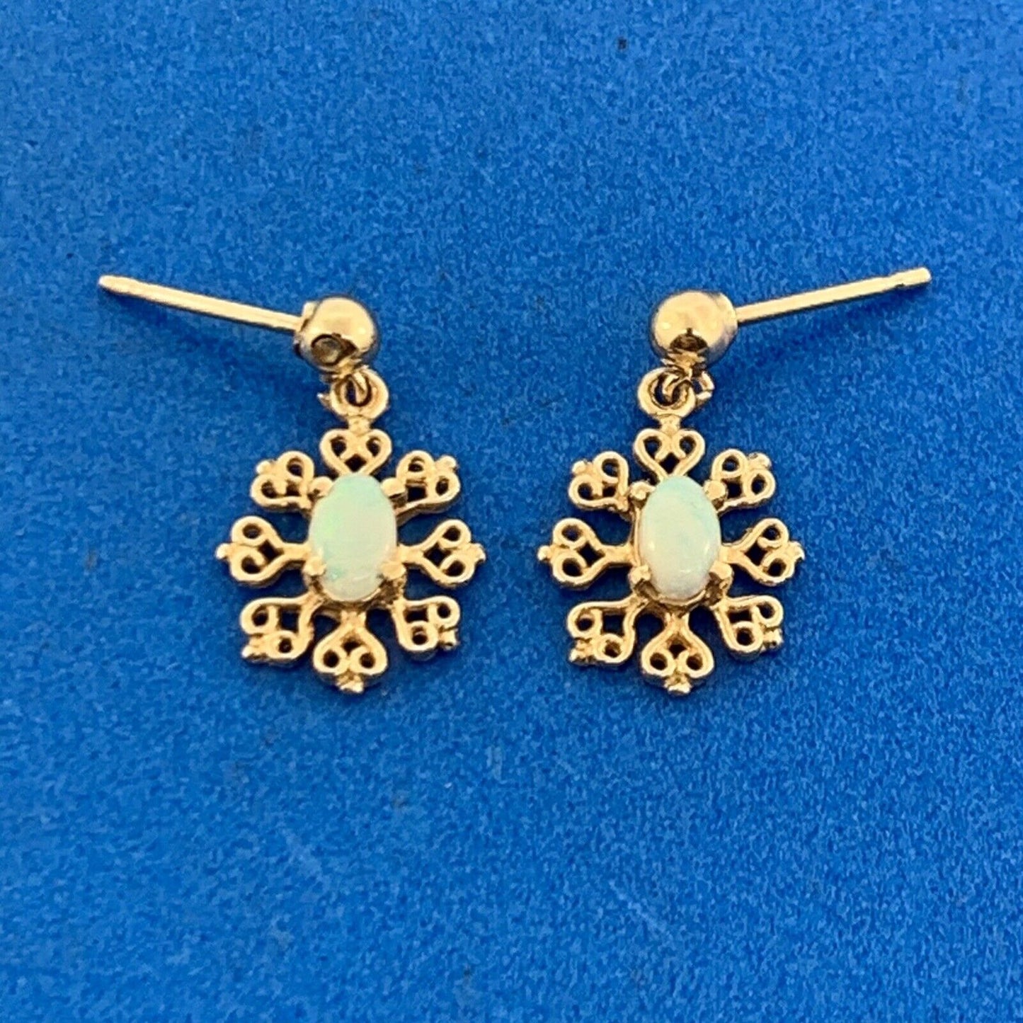 Designer 14K Yellow Gold Oval Opal Filigree Snowflake Dangle Stud Earrings