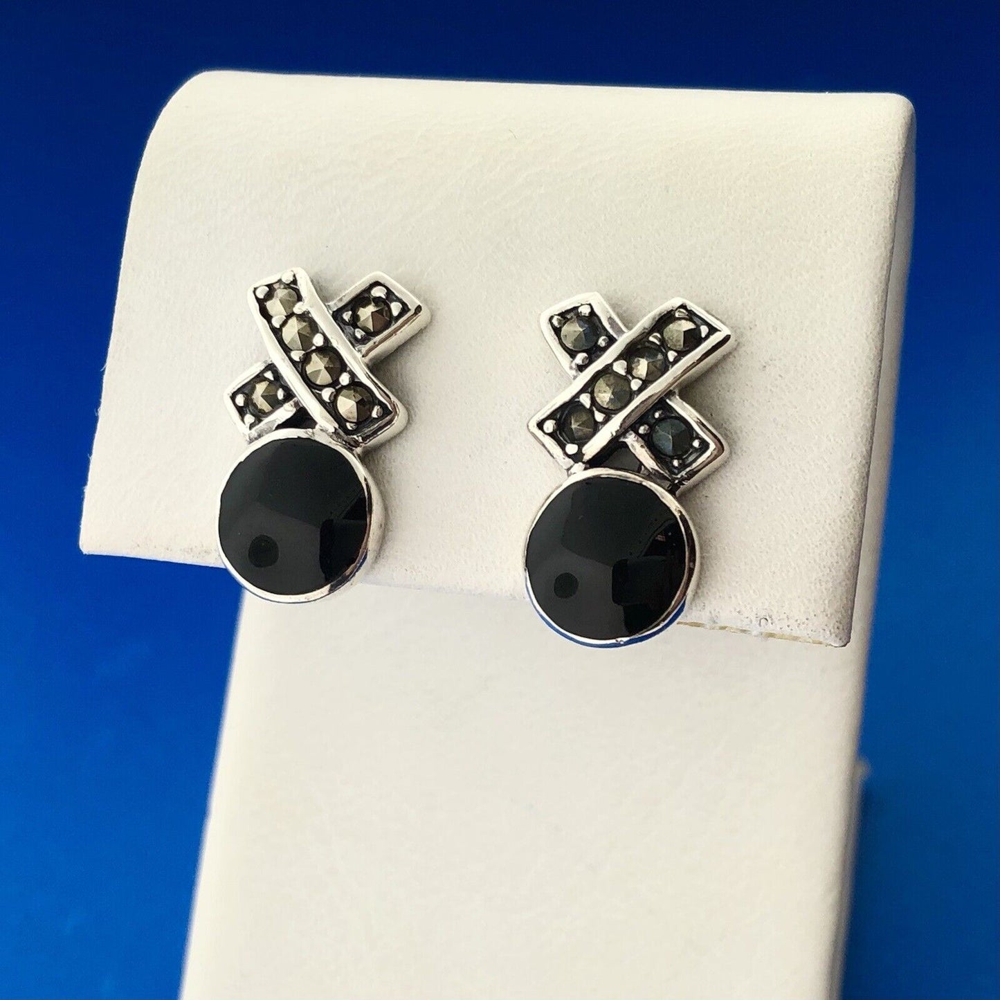 Estate Sterling Silver 925 Black Onyx Marcasite X O Earrings Pendant Set