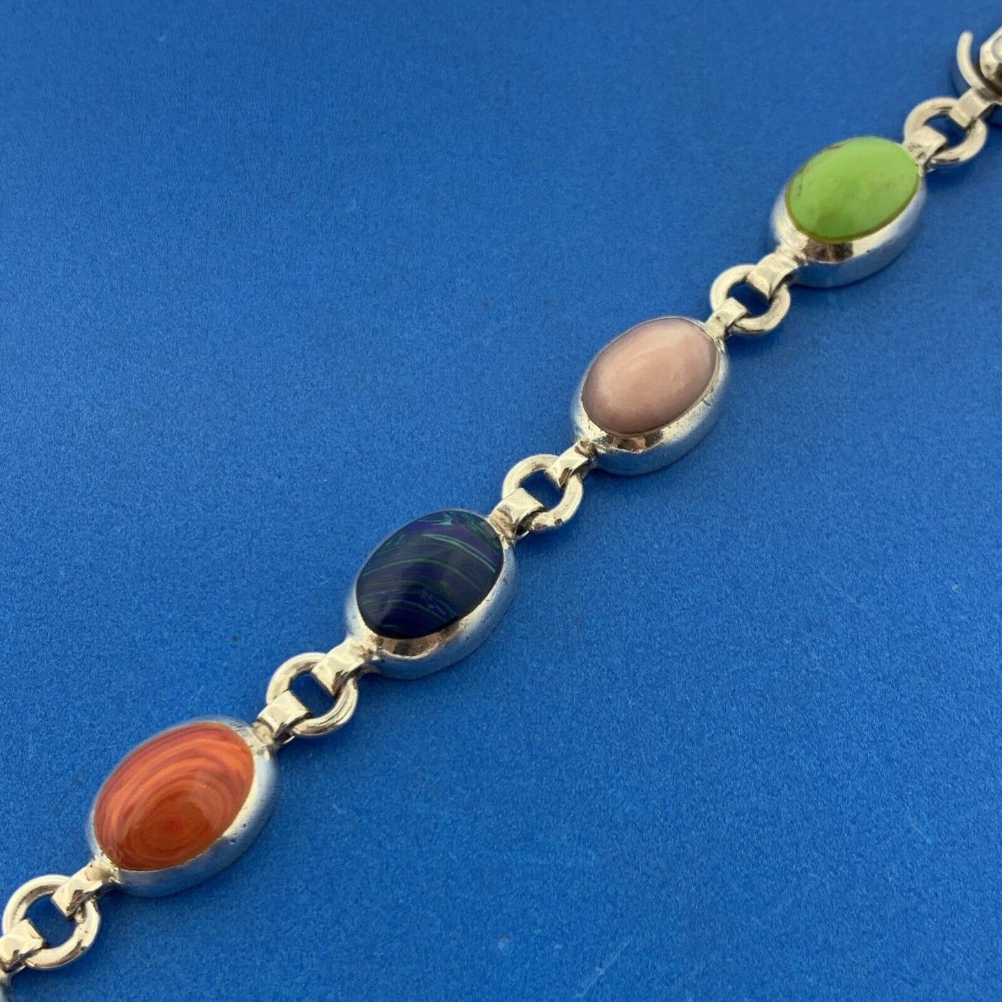 Vintage Mexico Sterling Silver Mixed Gemstone Oval Cabochon Statement Bracelet