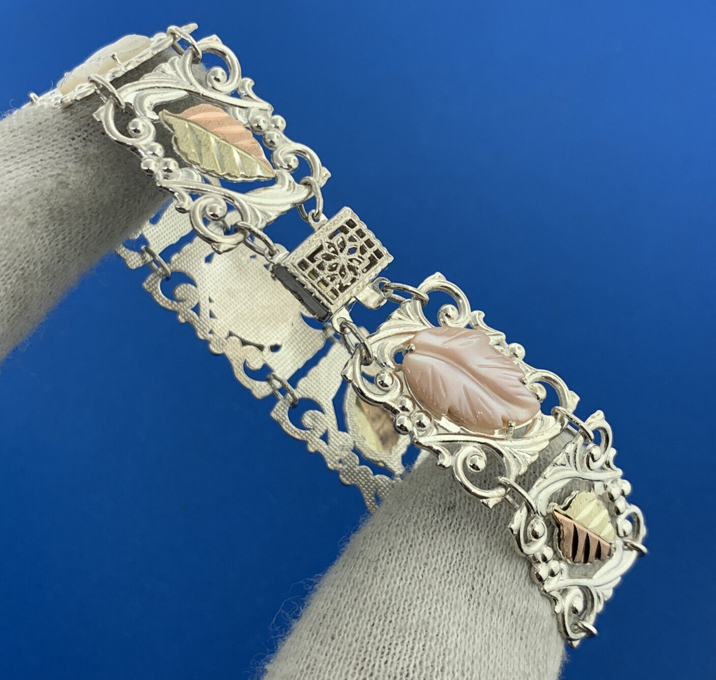 925 Sterling Silver 12K Yellow Rose Gold Mother Of Pearl Leaf Panel Bracelet