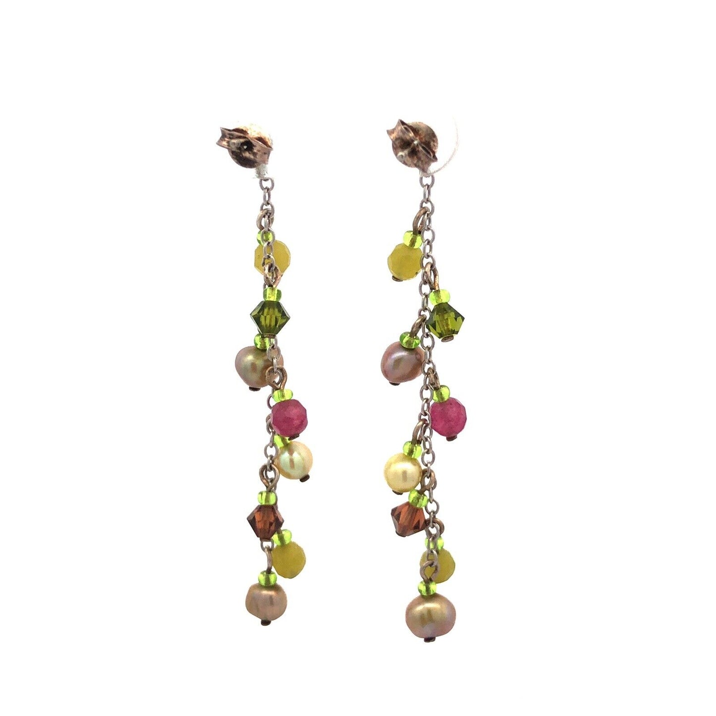 925 Sterling Silver Multi Gemstone Green Purple Cluster Dangle Earrings