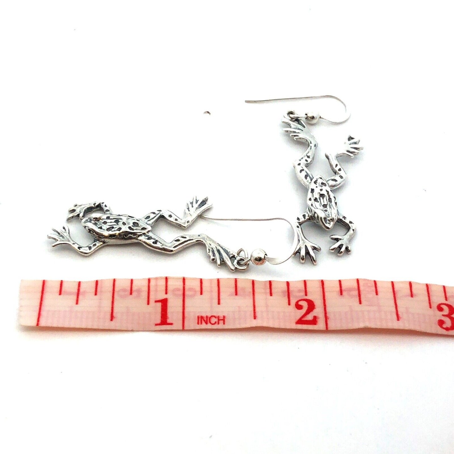Vintage Designer Sterling Silver Frog Toad Textured Drop Dangle Hook Earrings