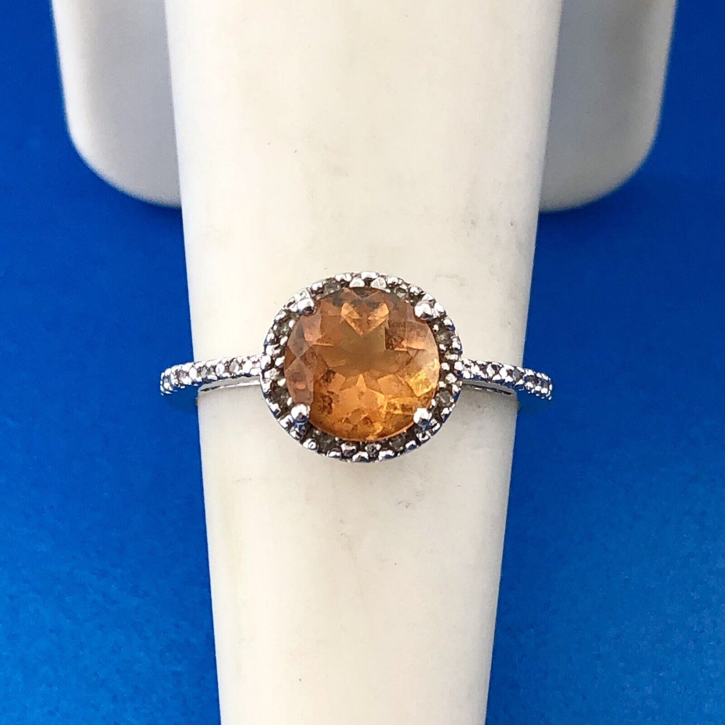 Gorgeous Sterling Silver 925 Round Cut Citrine Diamond Halo Accent Ring Size 6