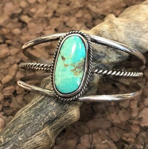 Native American Sterling Silver Oval Green Royston Turquoise Split Cuff Bracelet