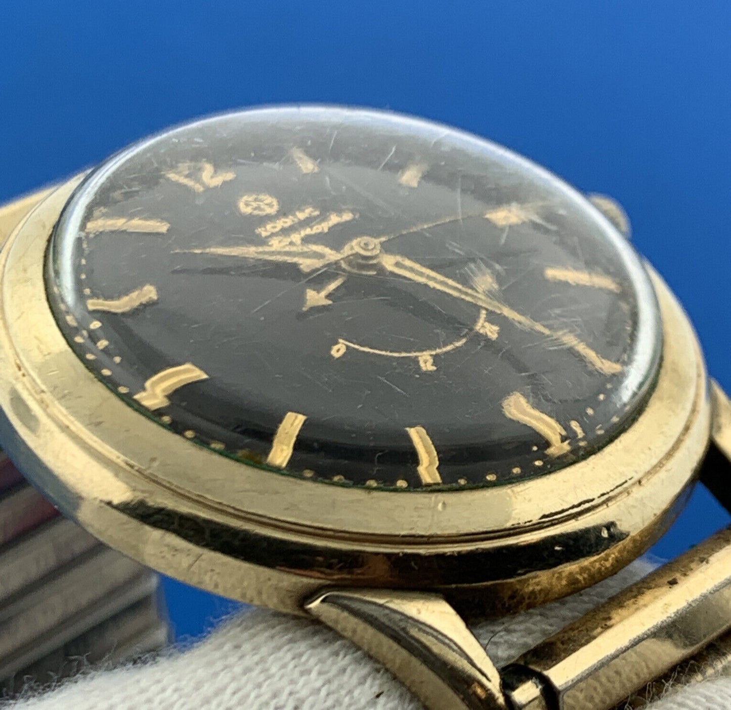 Mid Century Zodiac 10K Gold Filled Autographic Mens Flex Band Wrist Watch Runs