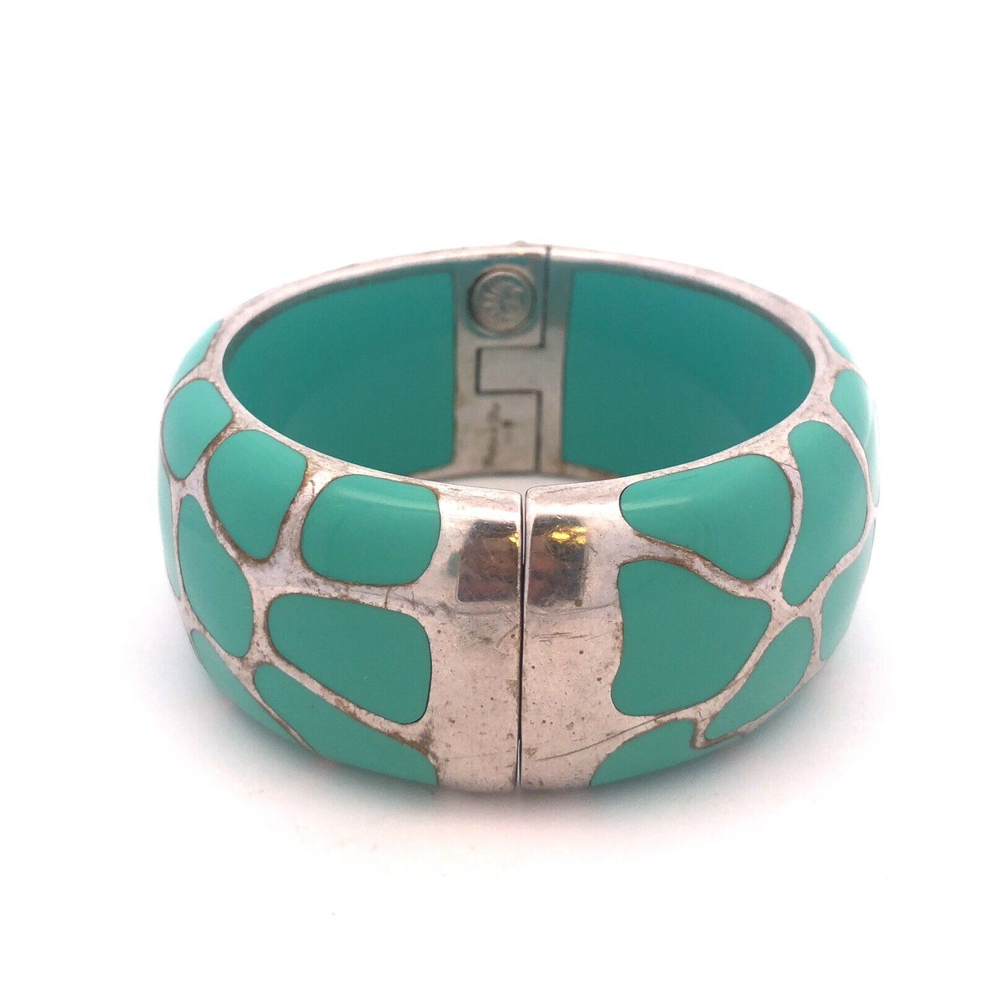 Vintage Angelique De Paris Sterling Silver Turquoise Resin Hinged Cuff Bracelet