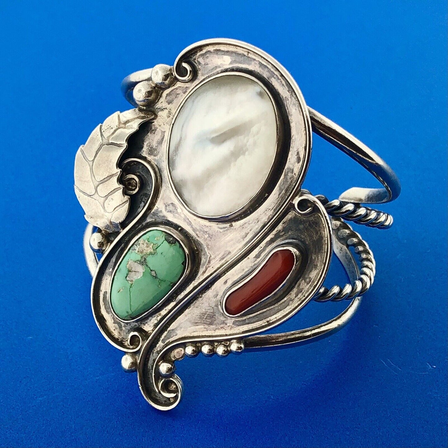 Sterling Silver 925 Mother Of Pearl Turquoise Coral Squash Blossom Cuff Bracelet