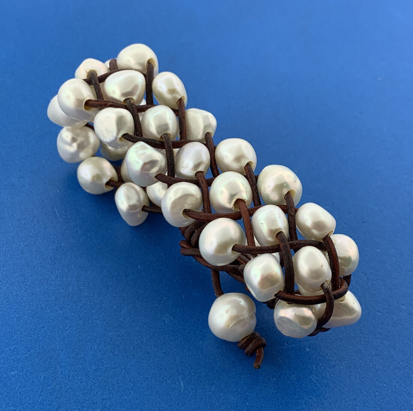 Artisan Braided Leather Three Strand Baroque Pearl Waterfall Toggle Bracelet