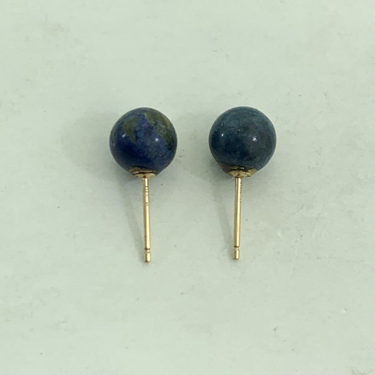 Designer 14K Yellow Gold Lapis Lazuli Bead Ball Solitaire Stud Earrings