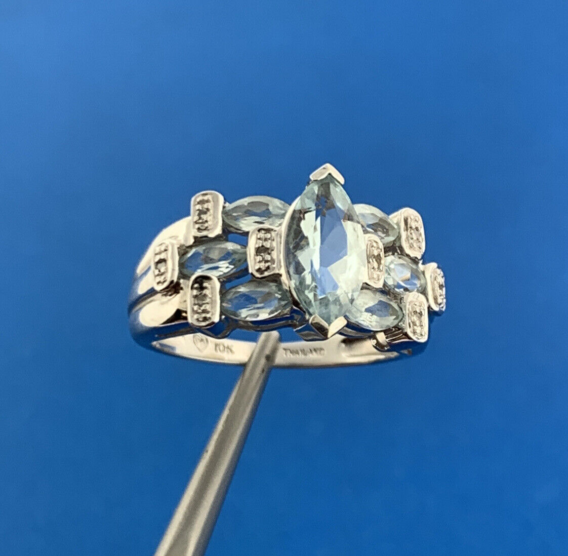 Designer 10K White Gold Aquamarine Diamond Accent March Anniversary Ring
