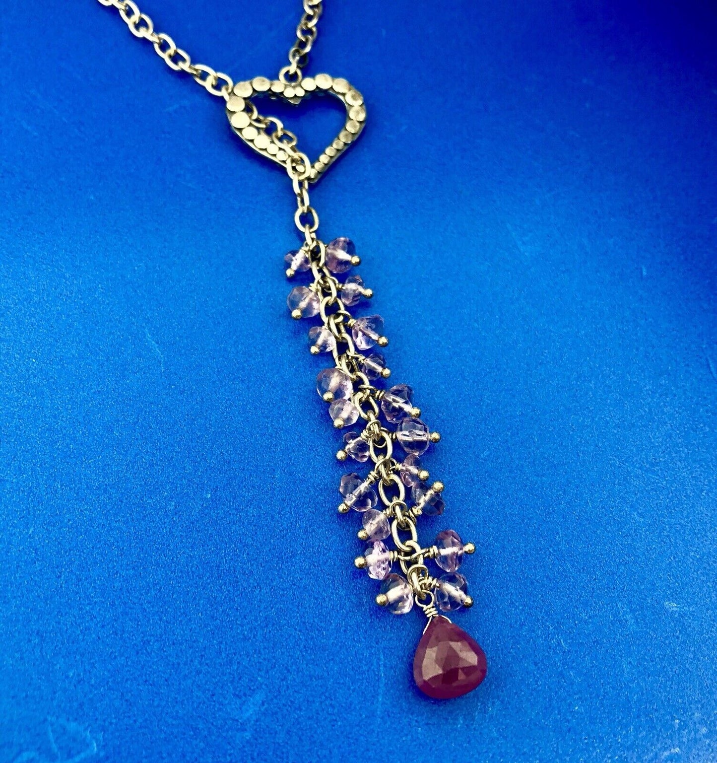 Charming Sterling Silver Ruby Amethyst Bead Heart Lariat Adjustable Necklace