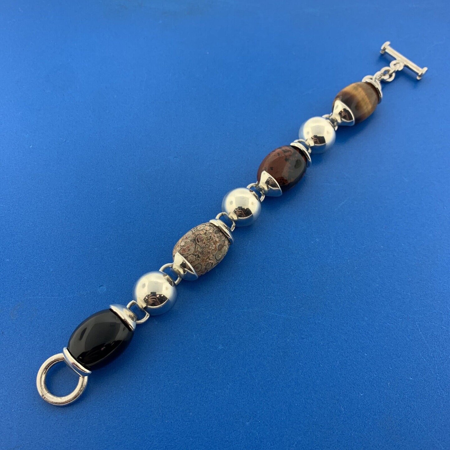 Stunning Mexican Sterling Silver 925 Oval Agate Jasper Onyx Quartz 7.5" Bracelet