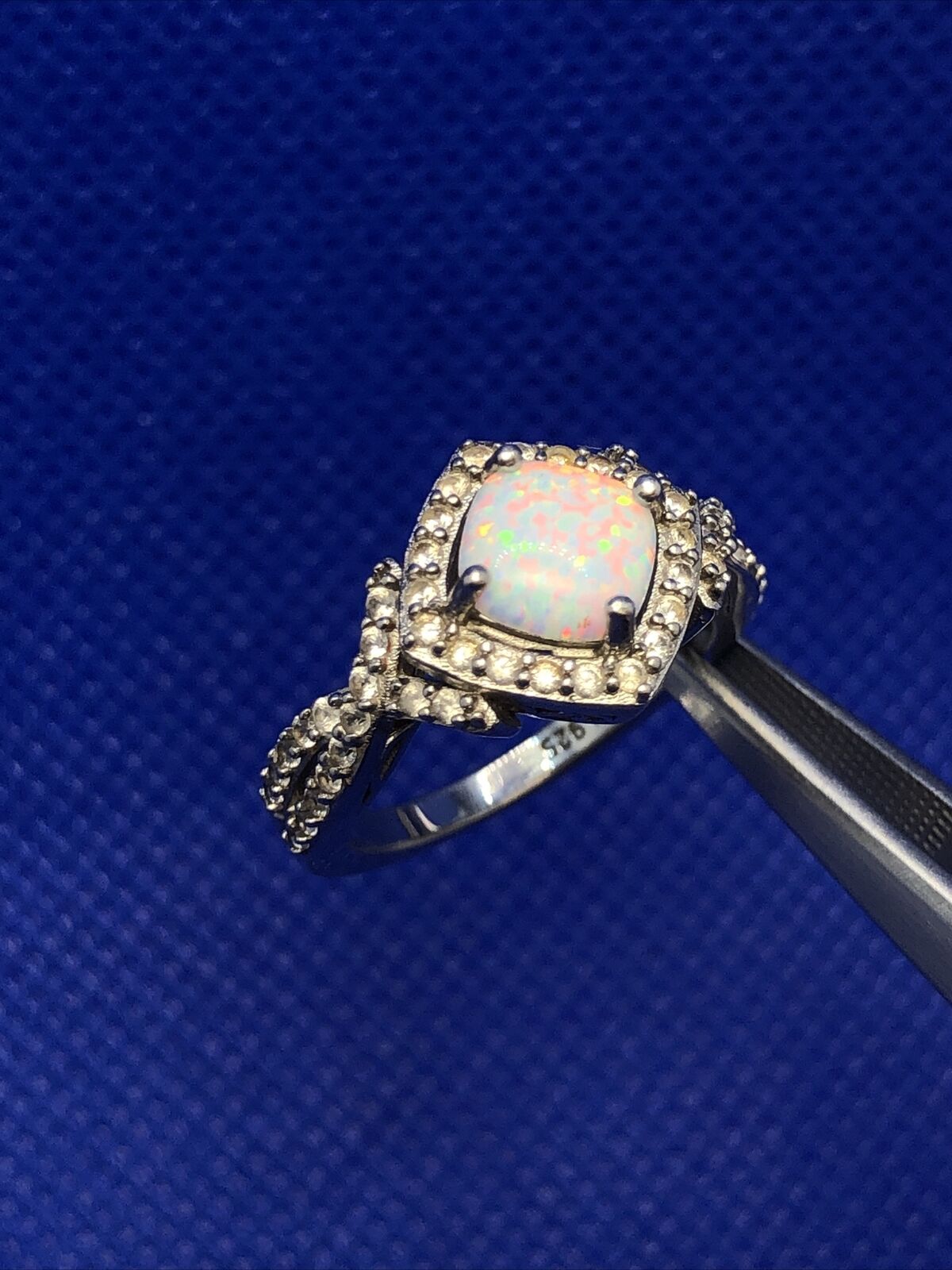 Designer SUN 925 Sterling Silver Opal Diamond Accented Size 6 Statement Ring
