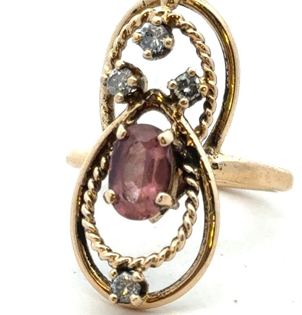 Vintage 14K Yellow Gold Oval Purple Amethyst Diamond Art Deco Ring