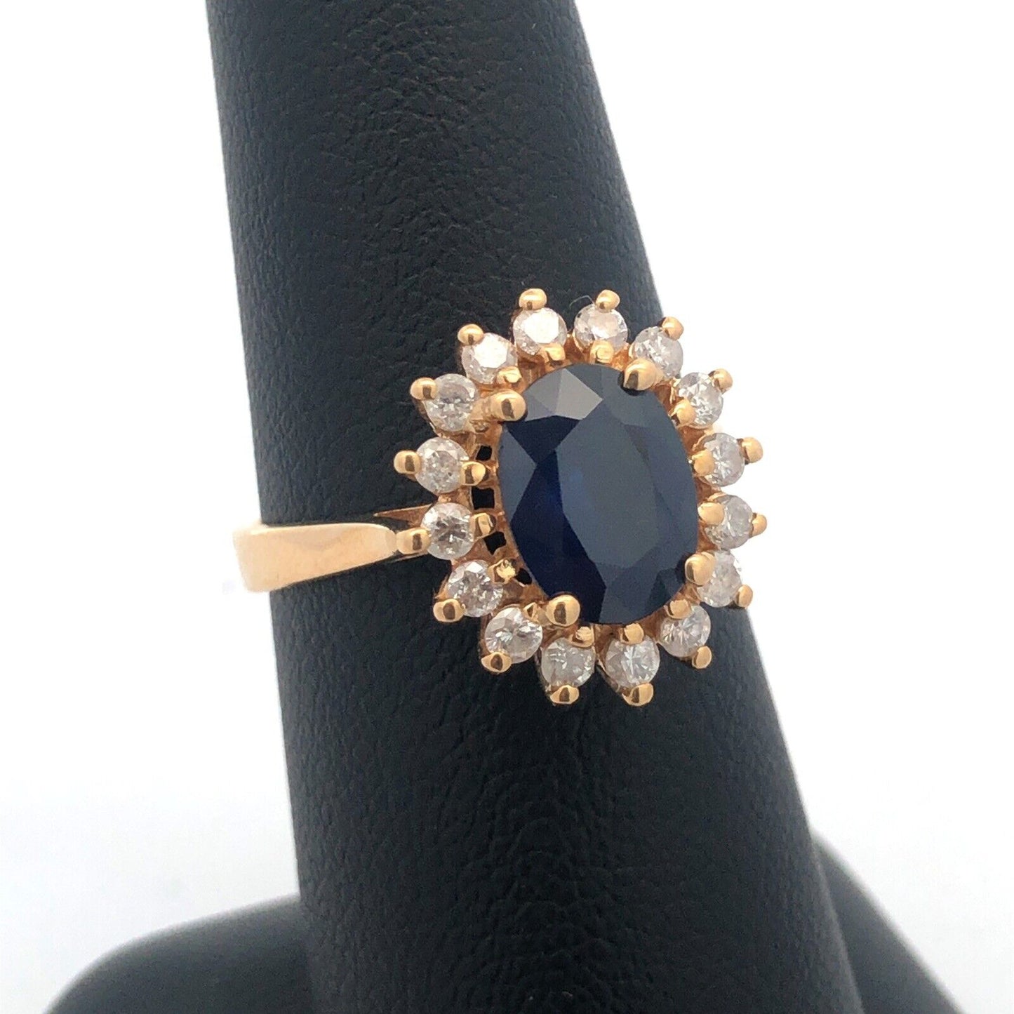 Designer 14K Yellow Gold Oval Blue Sapphire Diamond Halo Statement Cocktail Ring