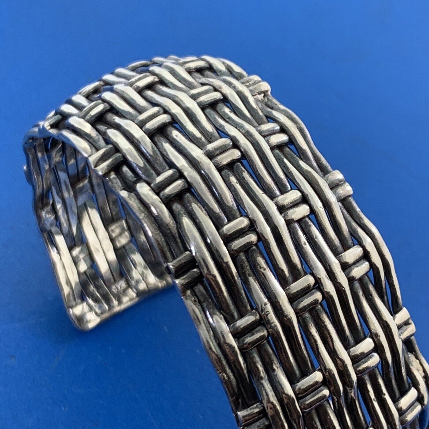 Artisan 925 Sterling Silver Basket Weave Statement Open Cuff Bracelet