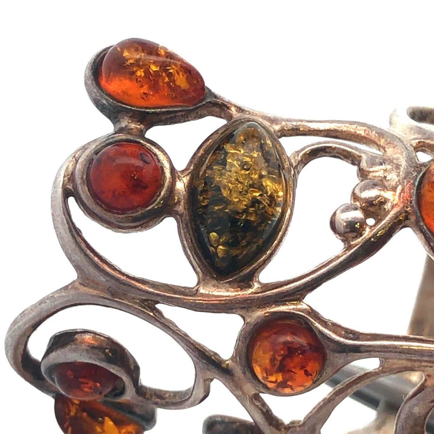 S6205Retro 925 Sterling Silver Mixed Amber Open Work Scroll Statement Finger Rin