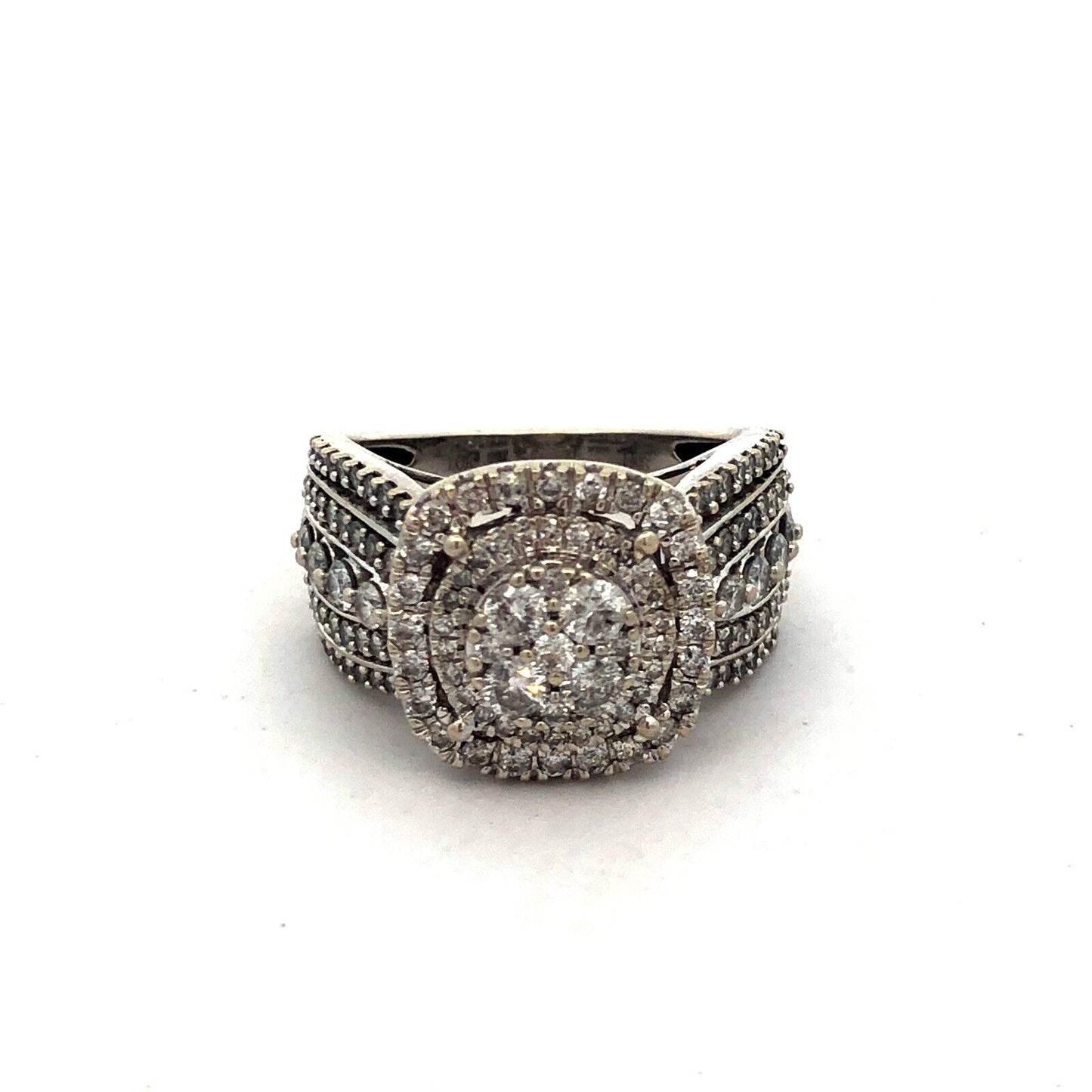 Designer IKS 10K White Gold Round Diamond Cluster Halo Statement Engagement Ring