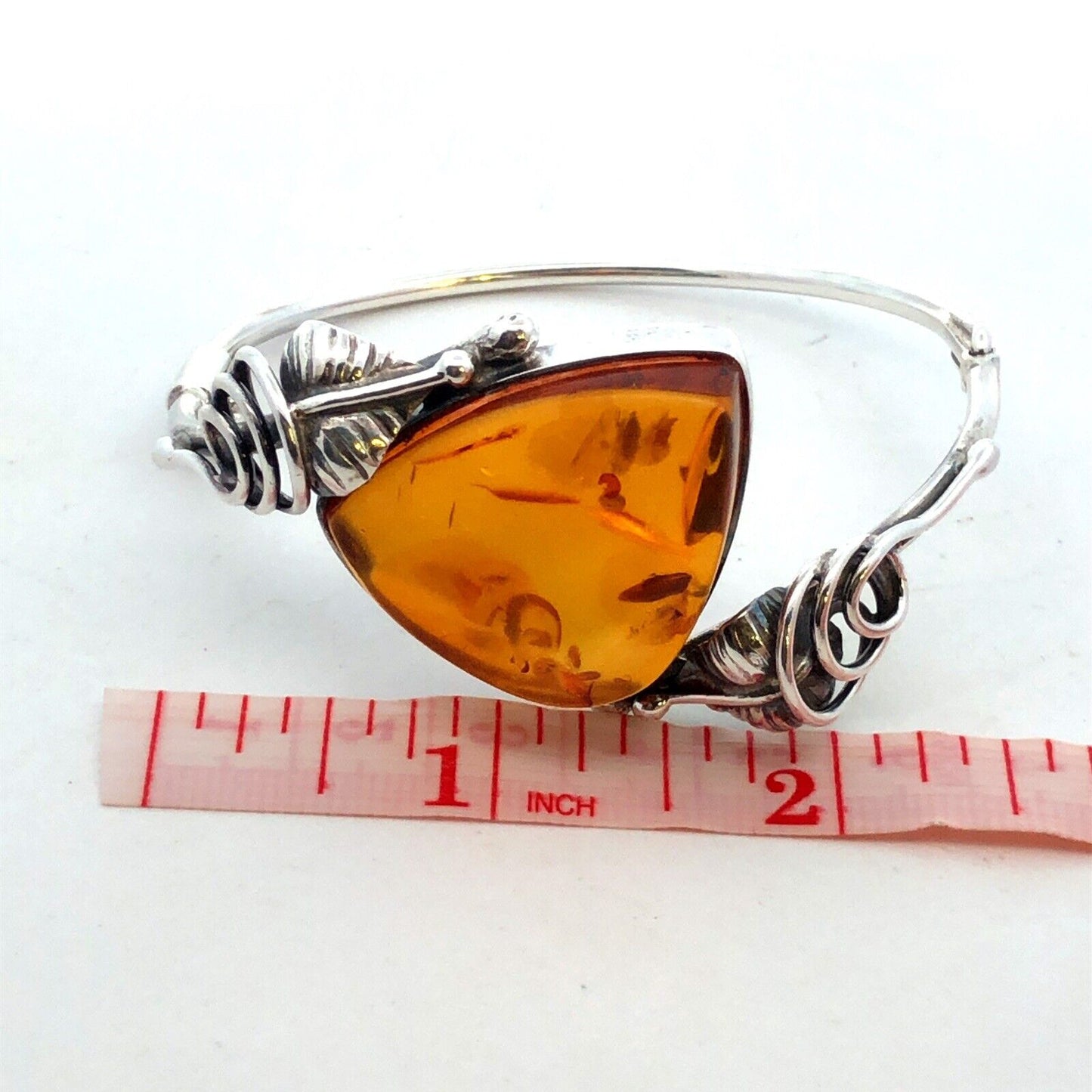 Vintage 925 Sterling Silver Trillion Amber Cabochon Hinged Vine Cuff Bracelet