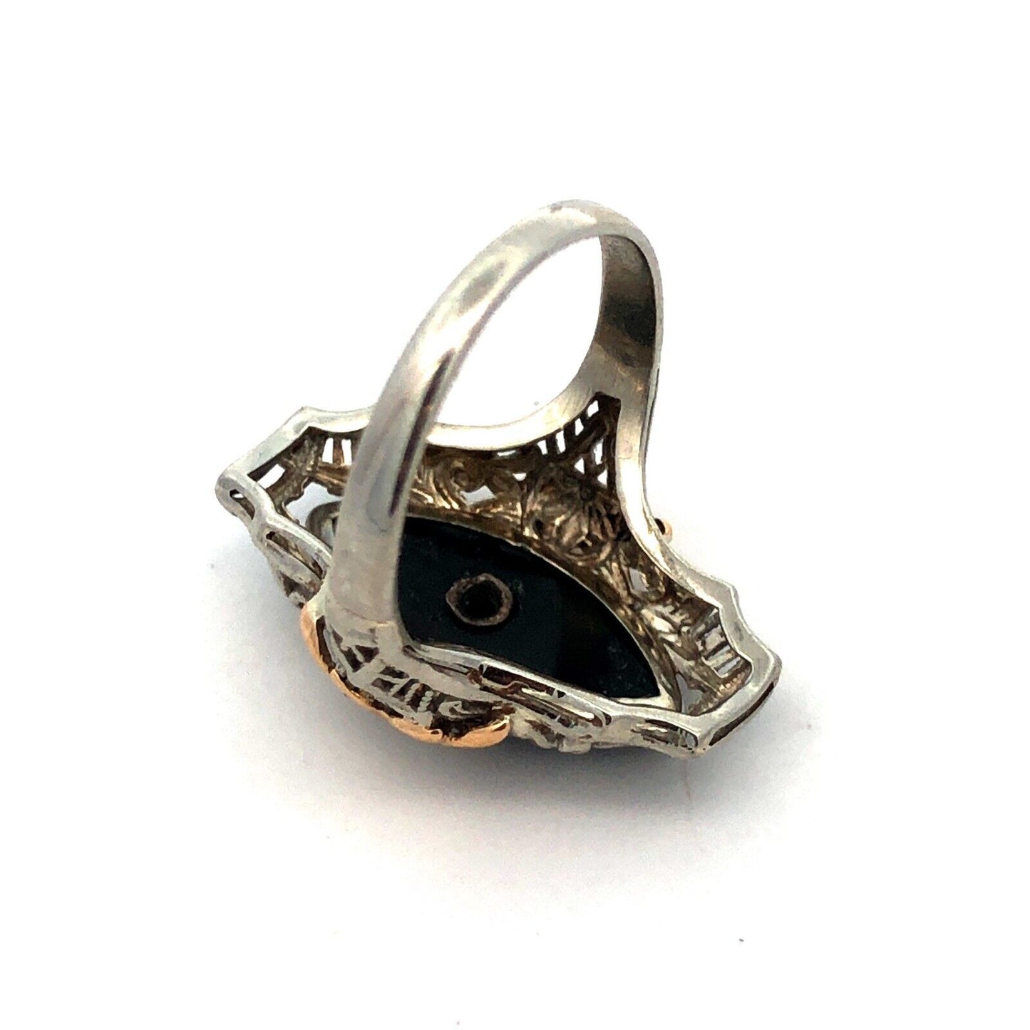 Vintage 14K White Yellow Gold Two Tone Black Onyx Diamond Art Deco Oval Ring