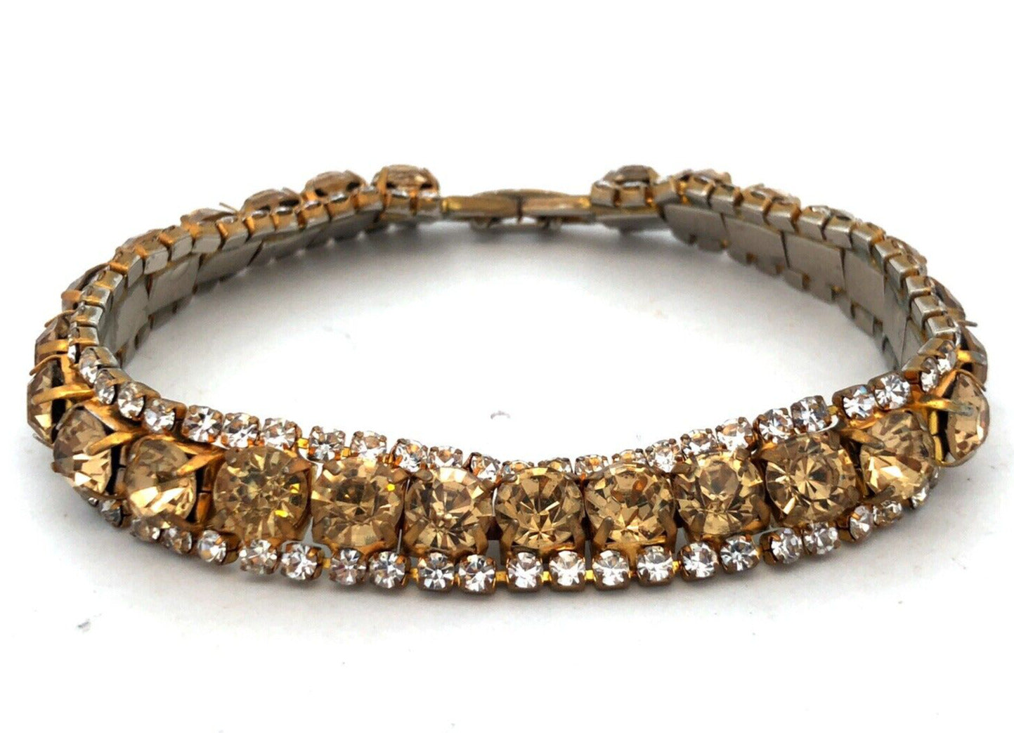 Vintage Gold Tone Champagne White Rhinestone Statement Tennis Bracelet