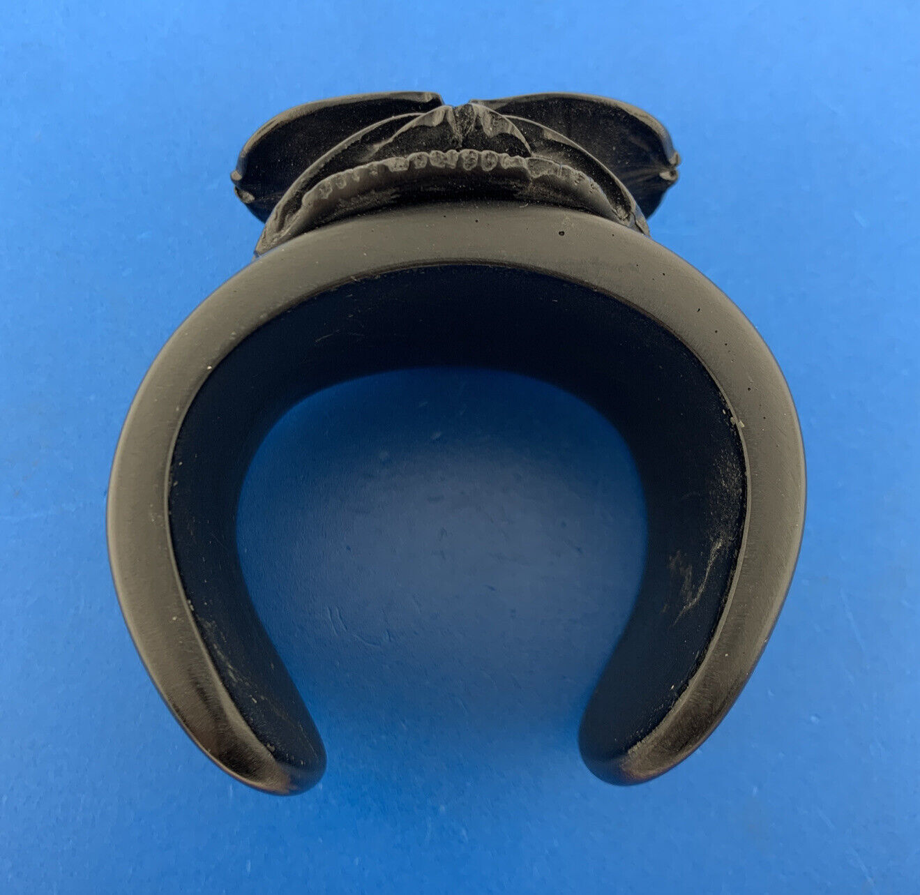 Mid Century Chunky Carved Black Lucite Rose Flower Statement Cuff Bracelet