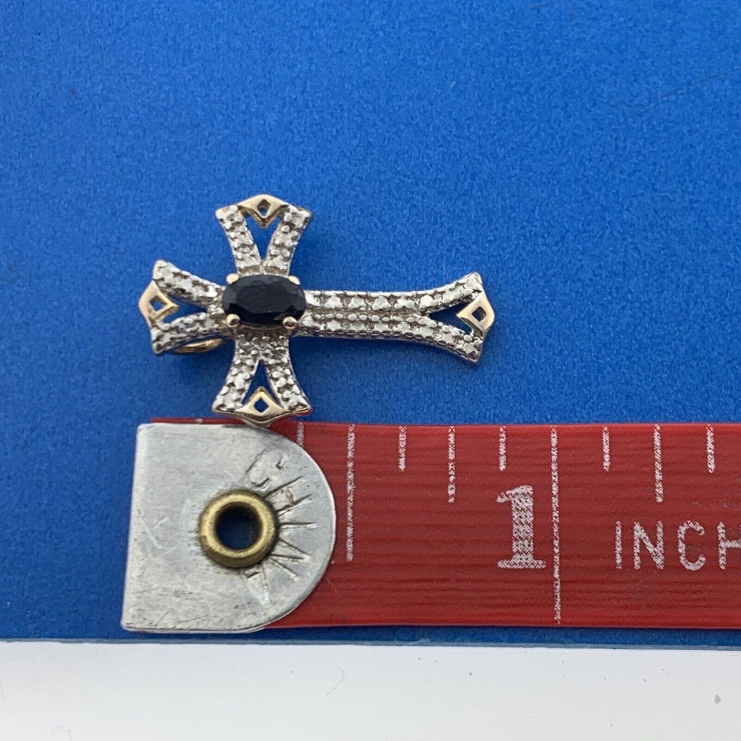 Designer 925 Sterling Silver Vermeil Oval Sapphire Two Tone Cross Pendant