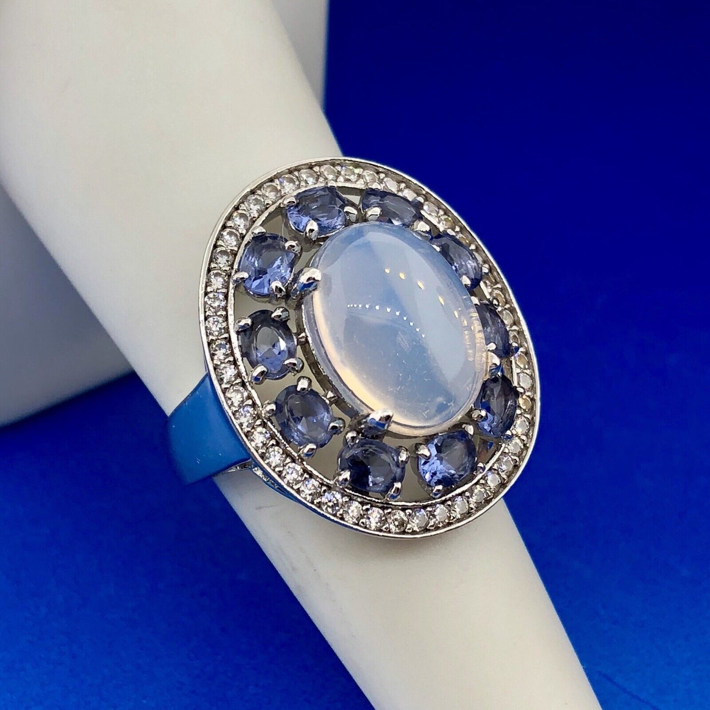 925 Sterling Silver Moonstone Tanzanite Diamond Double Halo Statement Ring