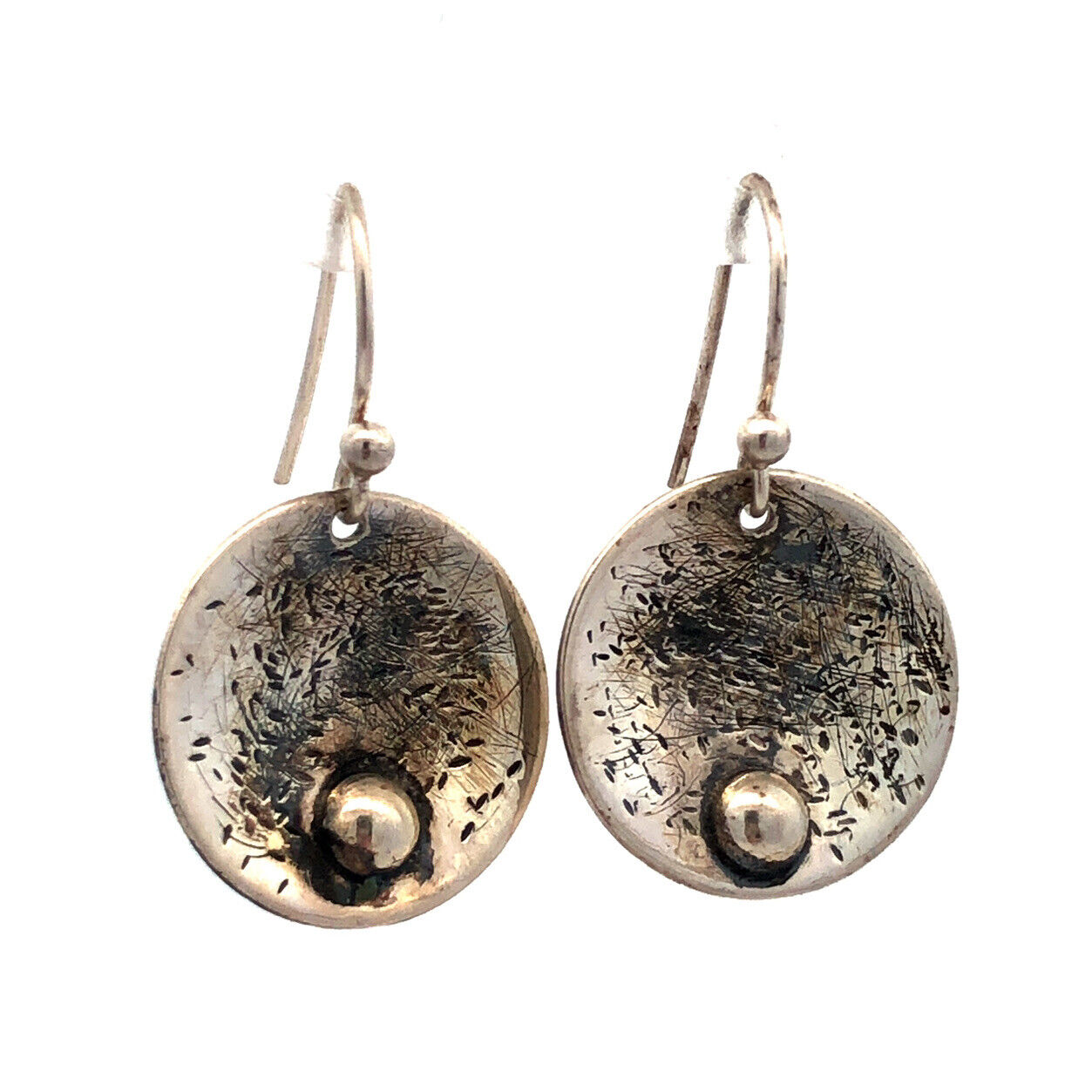 Vintage 925 Sterling Silver Round Textured Modernist Hook Dangle Earrings