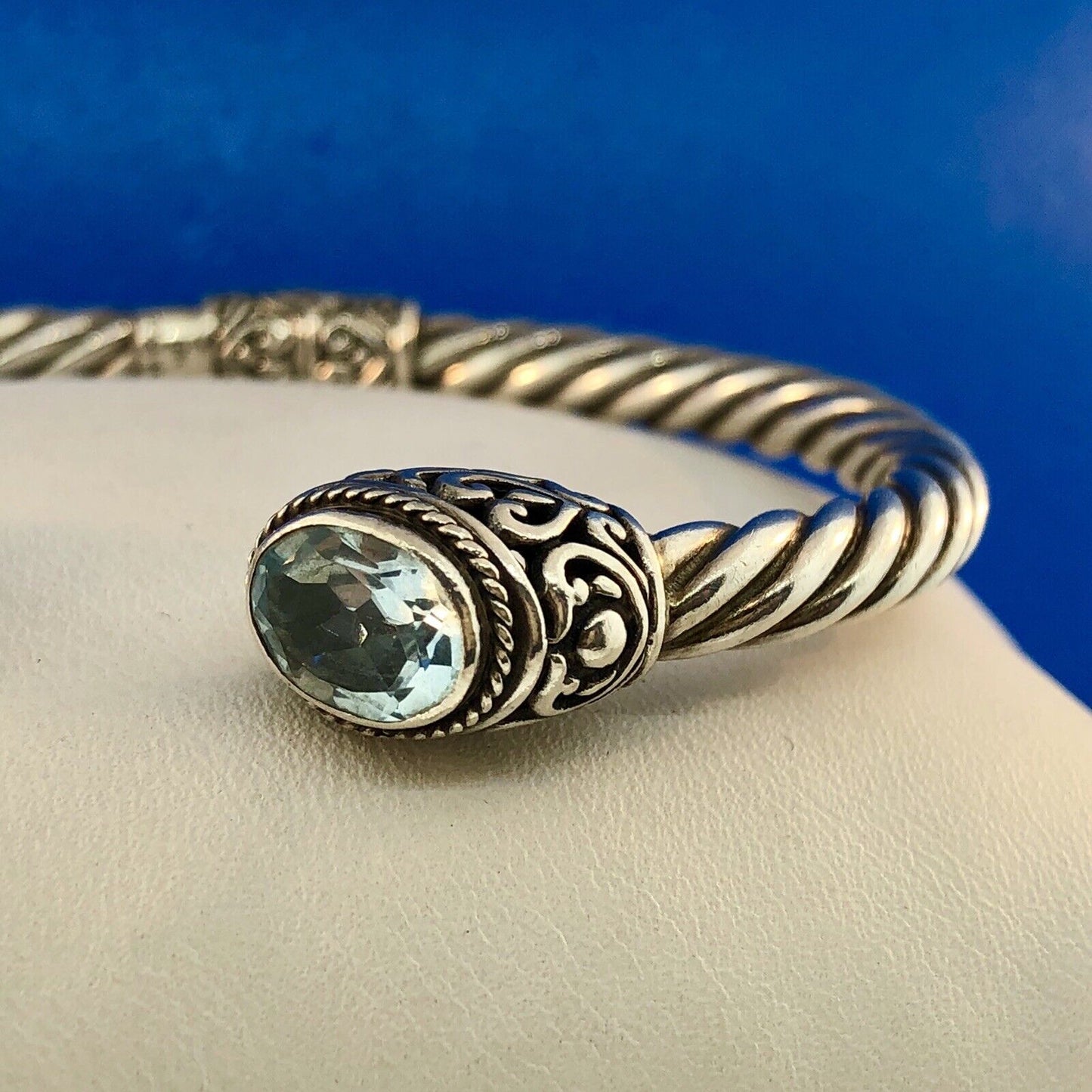 Designer ATI Sterling Silver Blue Topaz Heart Scroll Cable Hinged Cuff Bracelet