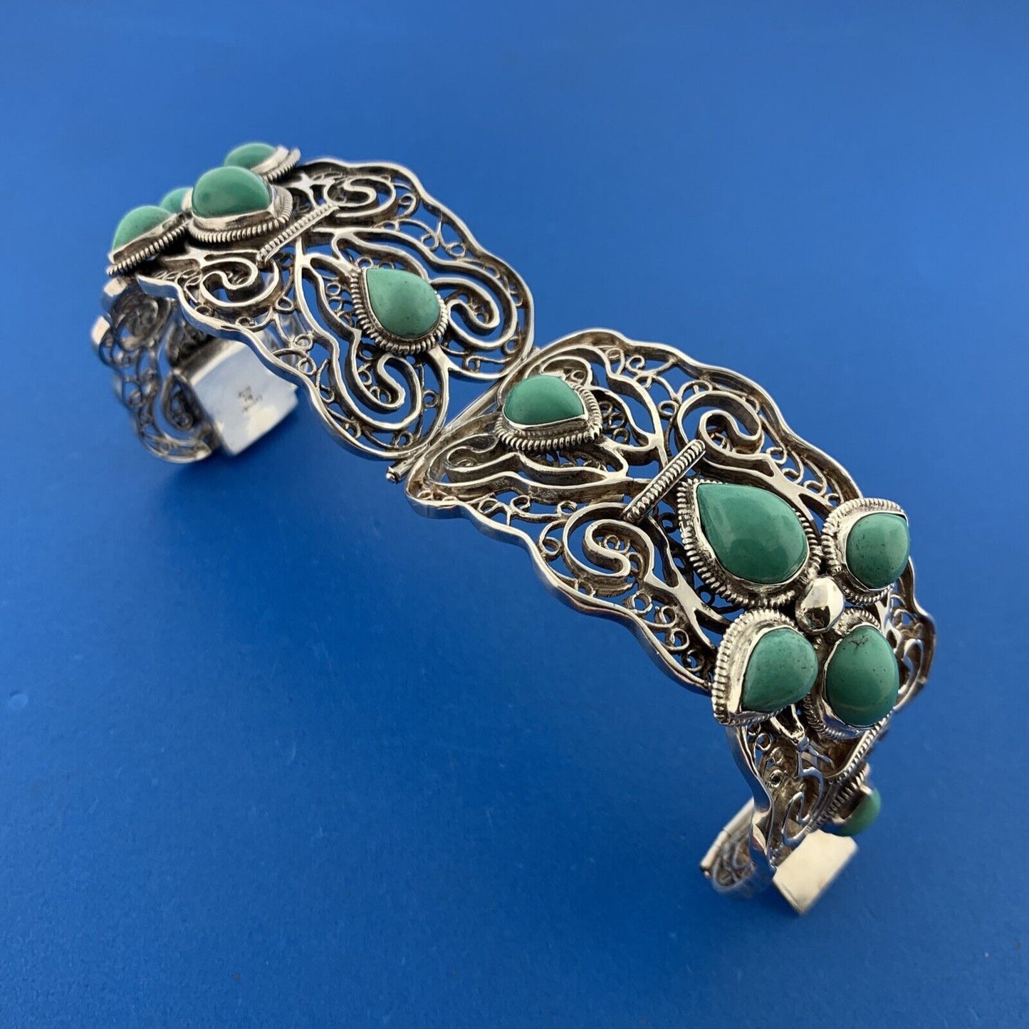 Designer Sterling Silver Turquoise Open Filigree Statement Hinged Cuff Bracelet