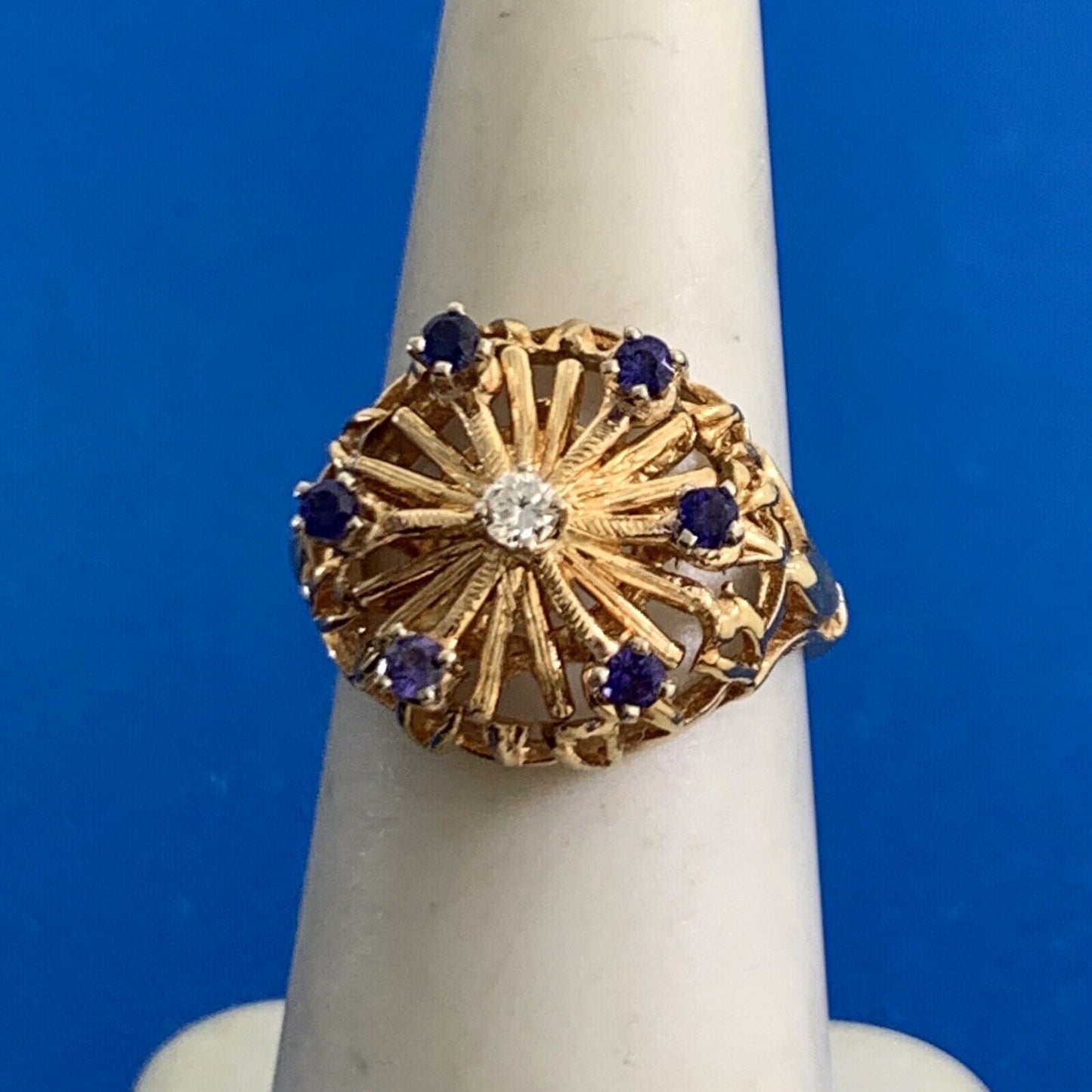 Designer 10K Yellow Gold Sapphire Diamond Starburst Crown Cocktail Ring