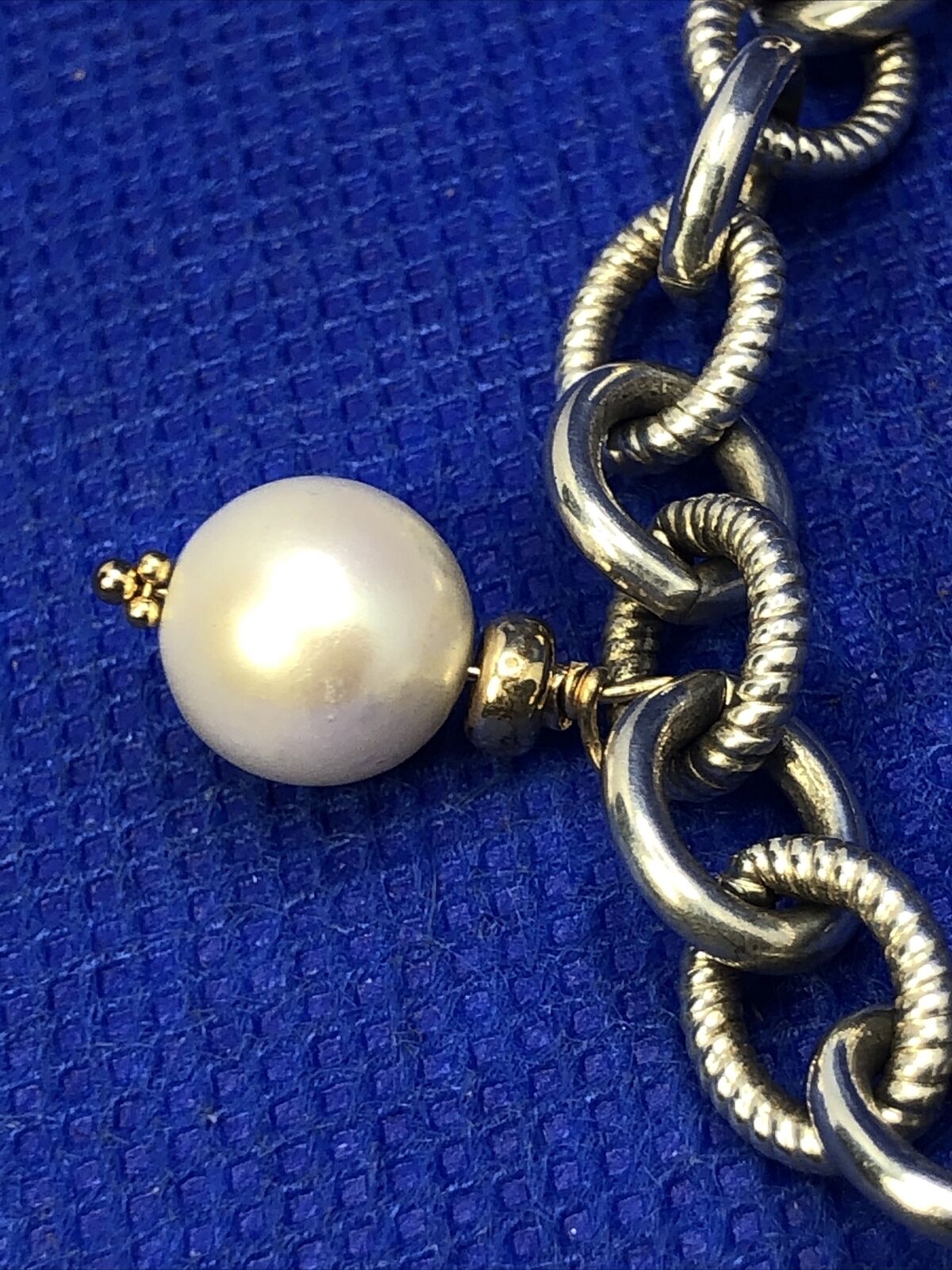 Estate 925 Sterling Silver 14K Gold Accented Pearl Charm Toggle Bracelet