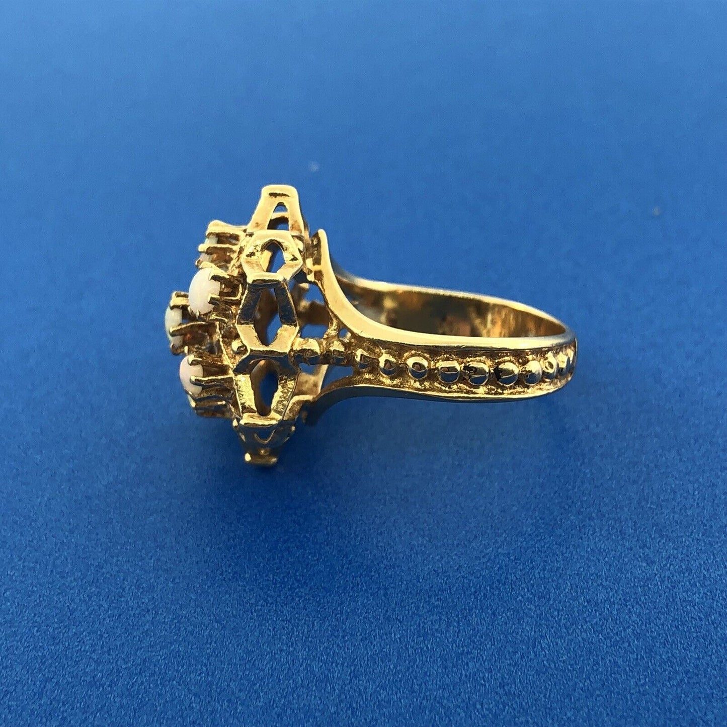 Art Nouveau 14K Yellow Gold Opal Star Flower Cluster October Etruscan Style Ring