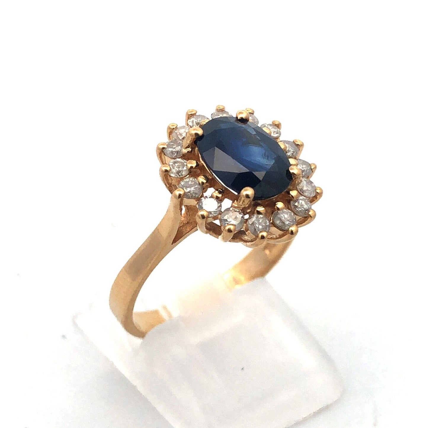 Designer 14K Yellow Gold Oval Blue Sapphire Diamond Halo Statement Cocktail Ring