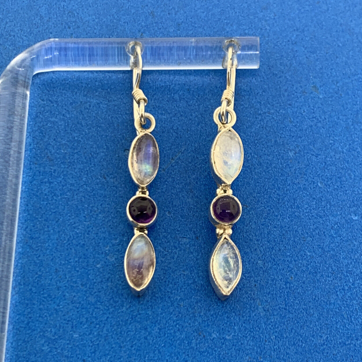 Designer Sterling Silver Moonstone Amethyst Dangle Drop Hook Earrings