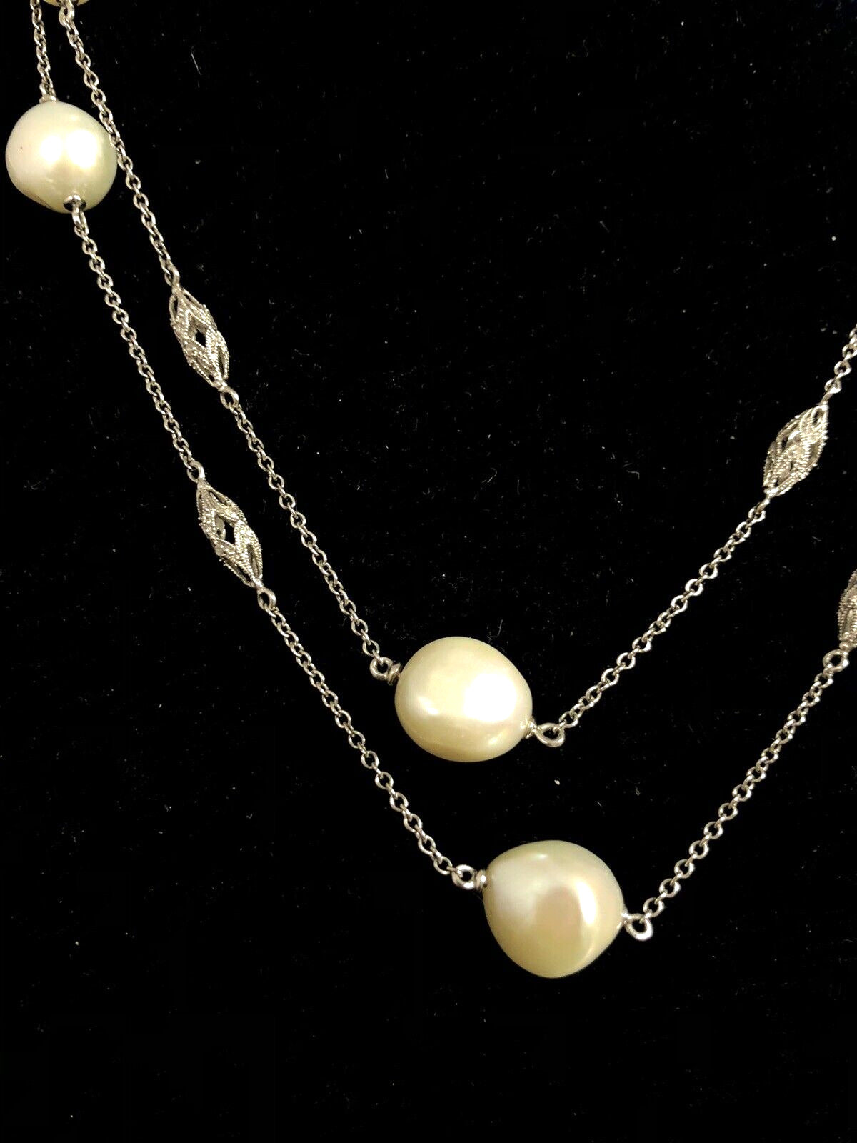 Estate 14K White Gold Art Deco Baroque Pearl Diamond Station Beaded Necklace