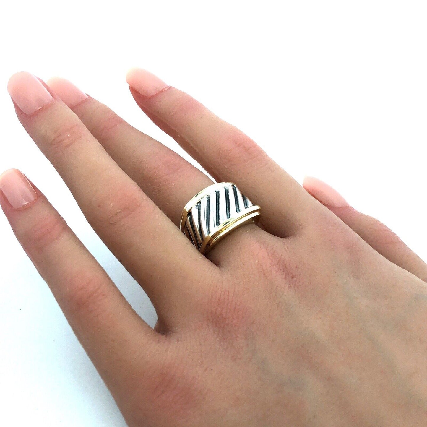 David Yurman 925 Sterling Silver 14K Gold Sculpted Cable Saddle Signet Ring