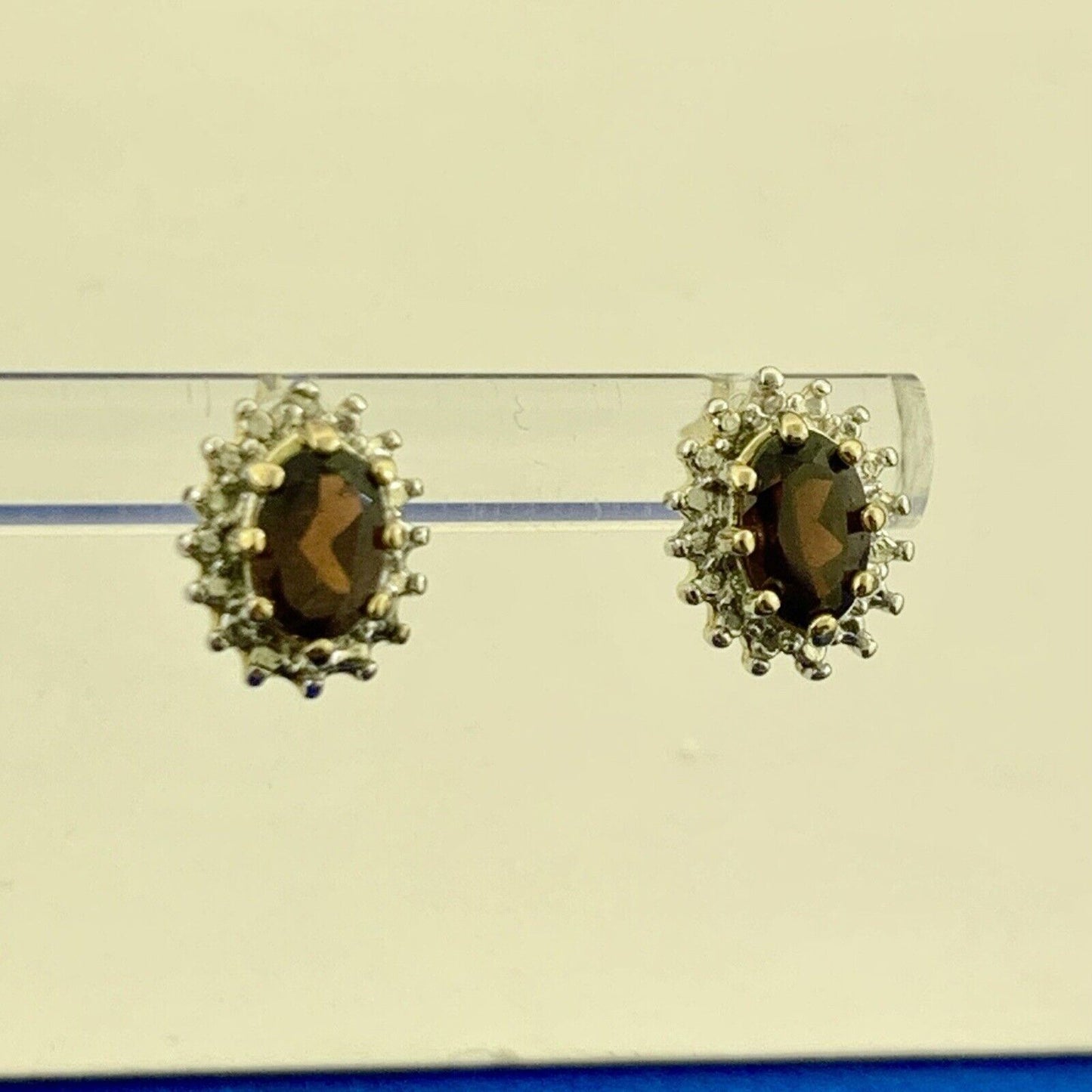 Designer 925 Sterling Silver Vermeil Two Tone Oval Garnet Diamond Stud Earrings