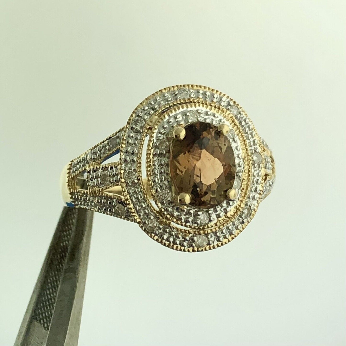 Designer DYACH 14K Yellow Gold Oval Smoky Quartz Diamond Double Halo Ring