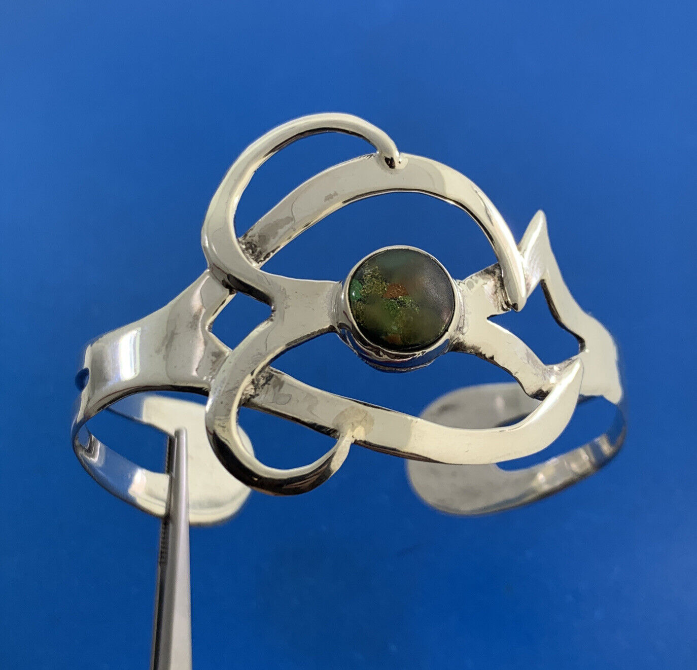 Taxco Modernist 925 Sterling Silver Art Glass Statement Open Cuff Bracelet