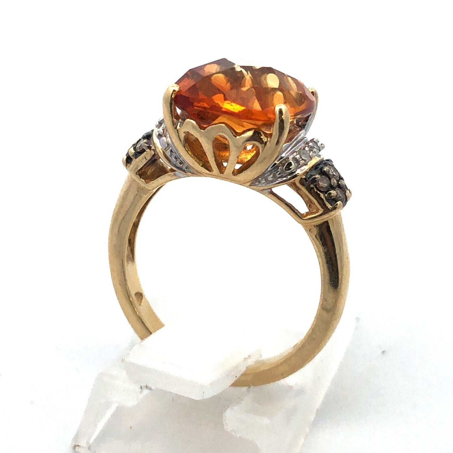 14K Yellow Gold Faceted Cushion Citrine Chocolate White Diamond Cocktail Ring