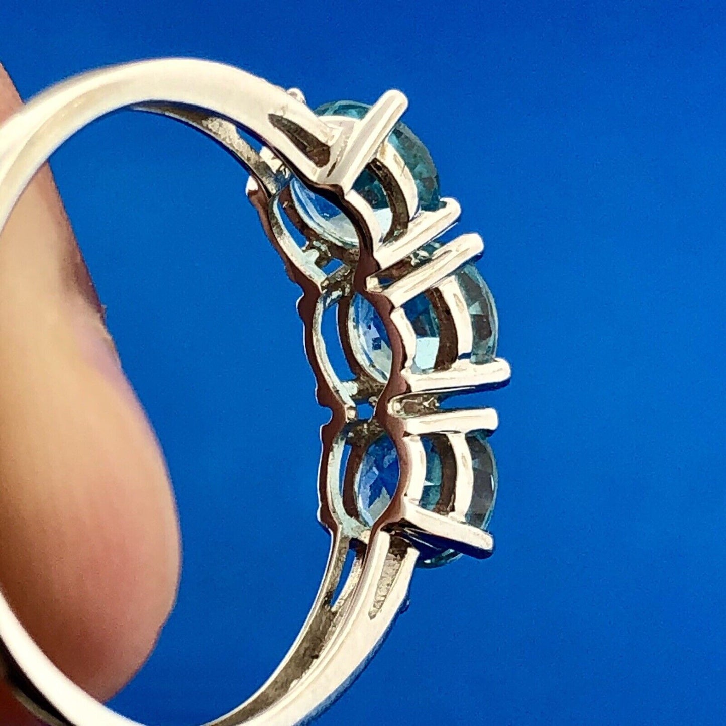 Designer 10K White Gold Blue Topaz Diamond Engagement Birthstone Cocktail Ring