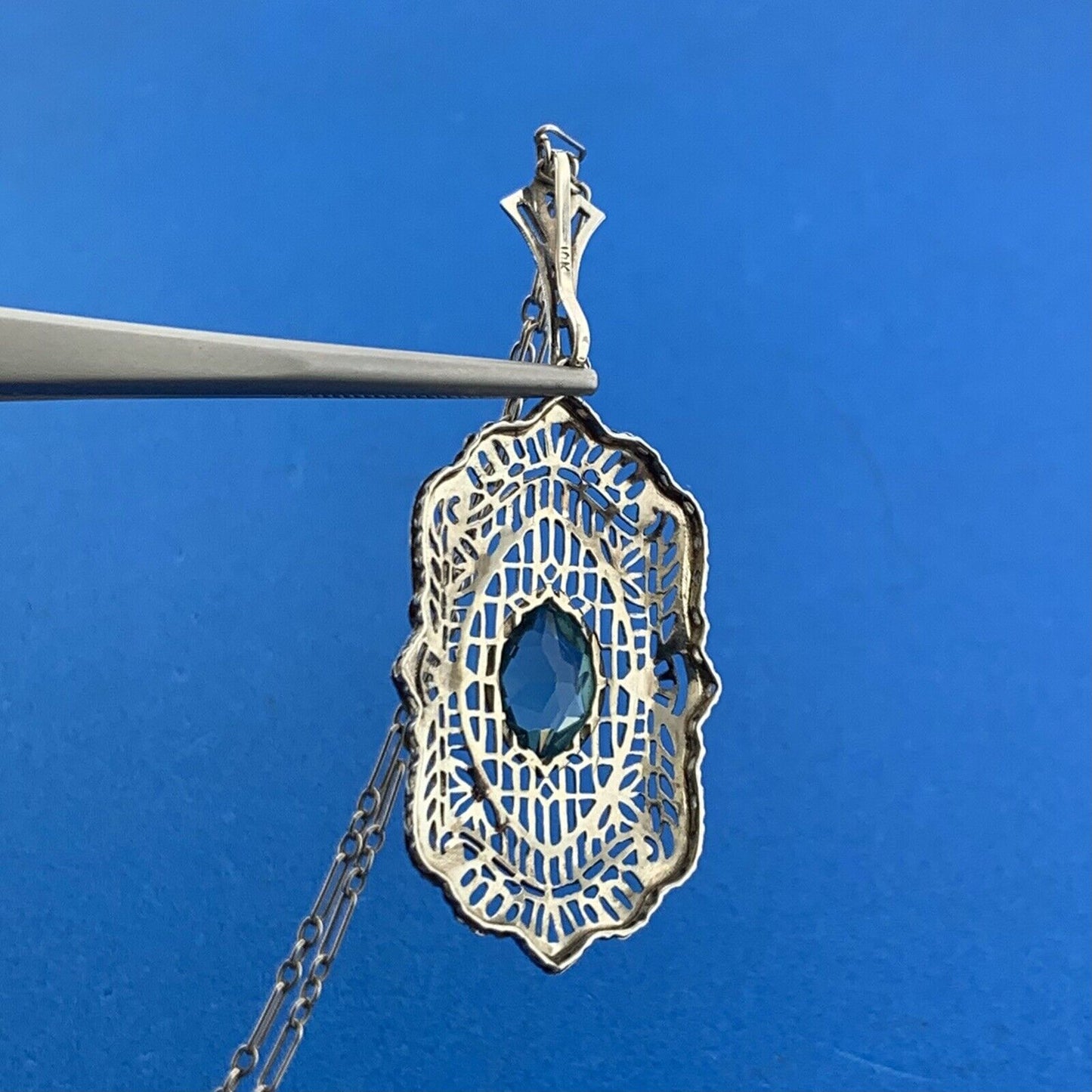 Art Deco 10K 14K White Gold Marquise Art Glass Open Filigree Statement Necklace