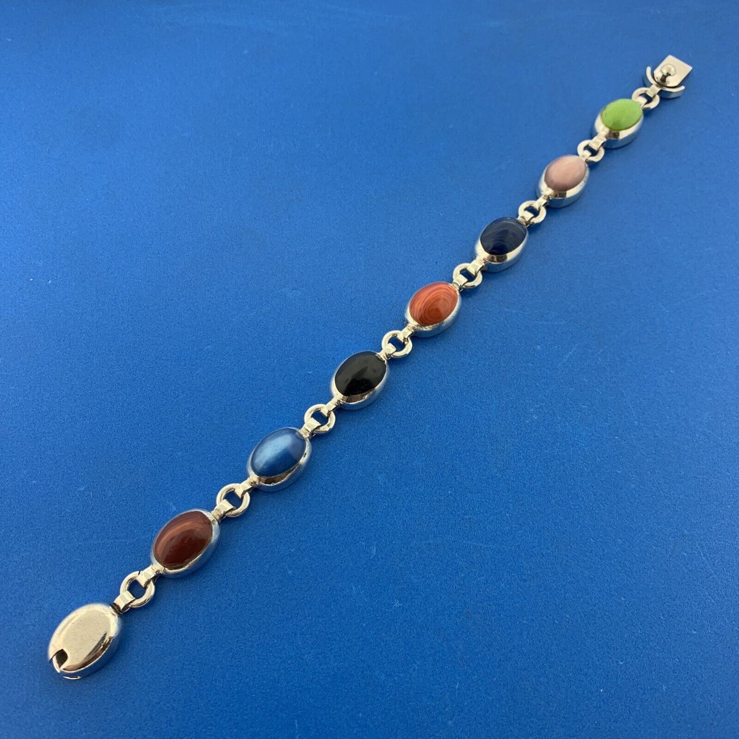 Vintage Mexico Sterling Silver Mixed Gemstone Oval Cabochon Statement Bracelet